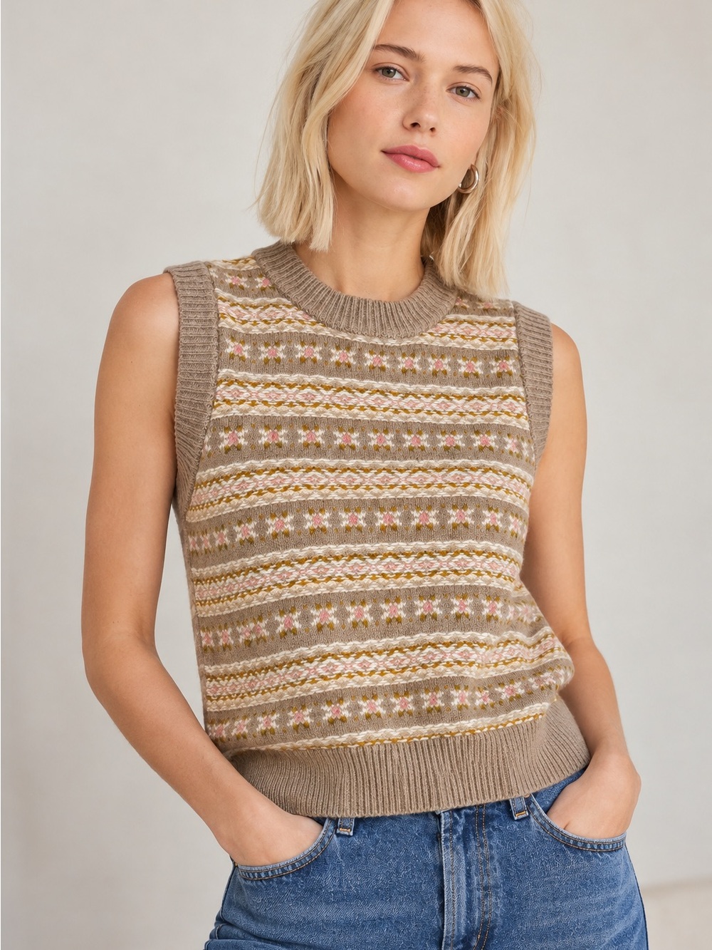 Faherty Highland Fair Isle Merino Wool Cotton Blend Sugar Cookie Tan Vest XS